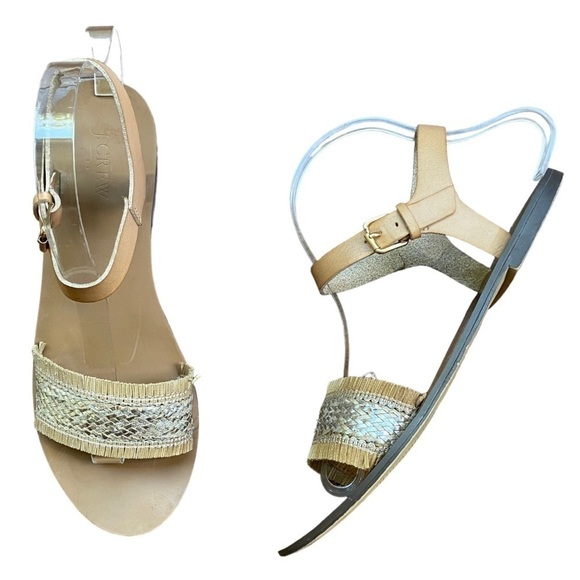 J Crew Factory Raffia Silver and Tan Woven Straw Fringe Sandals | Size 9 - Picture 7 of 13